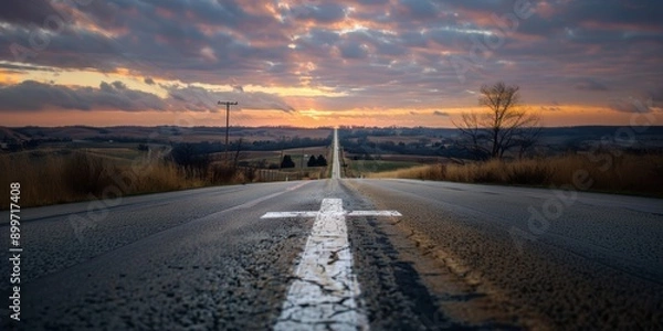 Obraz A straight road with an cross painted on it leading to the distant horizon, symbolizing faith in Christian values, Christianity