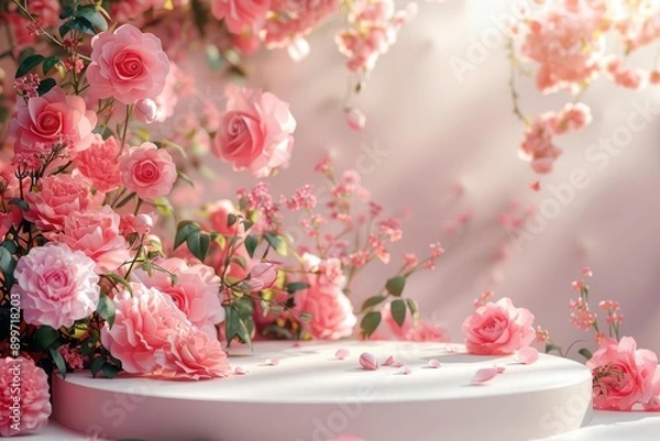 Fototapeta Pink roses podium, 3D spring background, beauty product stand, floral summer scene, nature display, white table, romantic garden, cosmetic valentine gift, Easter field