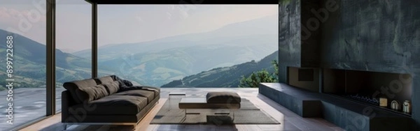 Obraz Modern Dark Living Room With Scenic Mountain View at Dusk