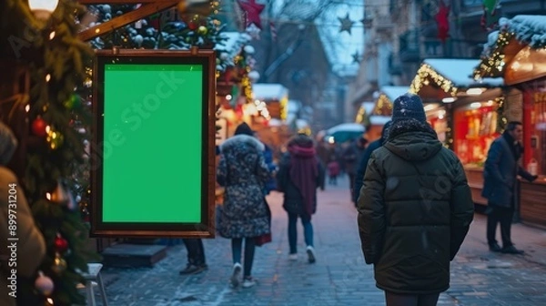Fototapeta Unique and attractive vertical blank green screen billboard mock-up at a festive holiday market, seasonal environment