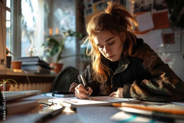 Fototapeta Focused Student Organizing College Plans and Taking Notes at Desk with Realistic Approach