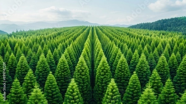 Fototapeta Aerial view of a vast green Christmas tree farm with perfectly aligned rows of lush evergreen trees set against a mountainous backdrop.