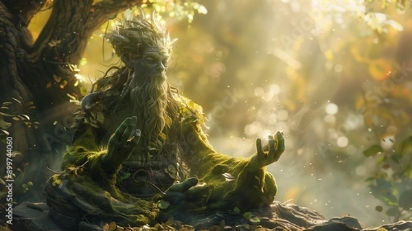 Fototapeta Imaginative half-human creature engaged in a magical ritual, blending anthropomorphic traits with mystical elements