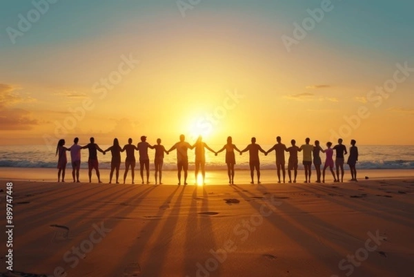 Fototapeta A group of people stand silhouetted on a beach, hands linked, as the sun sets over the ocean.