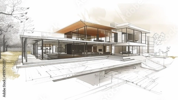 Obraz Intricate architectural sketch of a contemporary house design, featuring open spaces and modern aesthetics. The drawing highlights the structural details and layout, providing a comprehensive view of