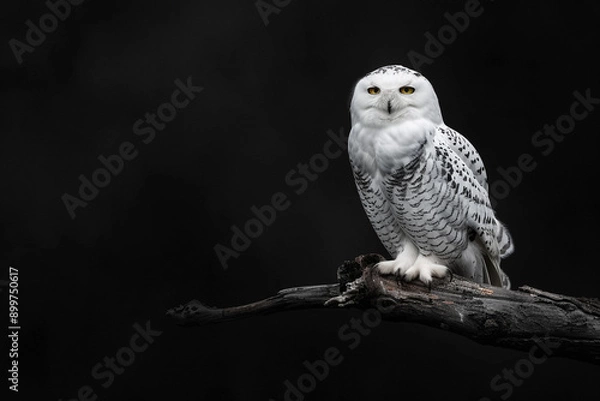 Fototapeta White snowy owl, a wild predator with piercing yellow eyes