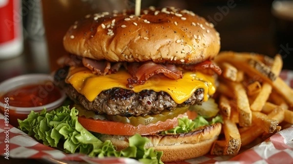 Fototapeta A gourmet burger with all the fixings and a side of fries