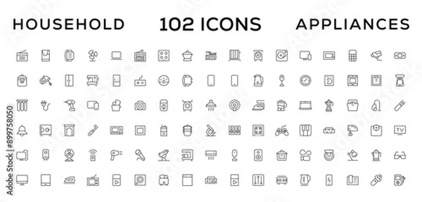 Obraz Home appliances and Household items simple line icon set. Editable stroke. icons for website. home symbols, furniture, kitchenware, Home appliances and electronics icons