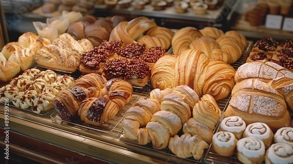 Fototapeta A bakery display case filled with an assortment of fresh pastries and breads