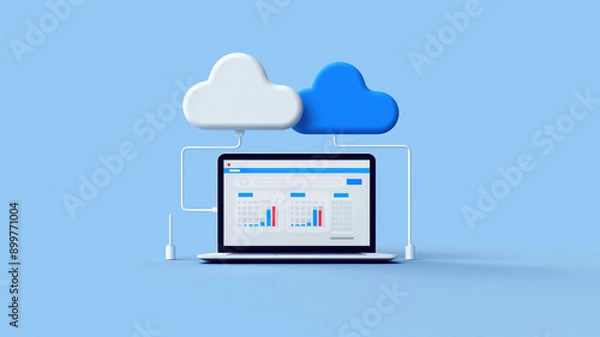 Fototapeta A laptop connected to two cloud icons, representing data synchronization and cloud computing. The laptop screen displays a data dashboard, indicating real-time data analysis and storage.