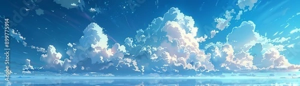 Fototapeta Stunning panoramic view of fluffy white clouds against a bright blue sky, reflecting beautifully on a calm water surface.