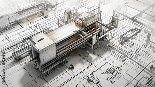 Obraz A detailed 3D rendering of an industrial machine positioned overlaid on a technical blueprint background, illustrating a sophisticated engineering design process and technological innovation.