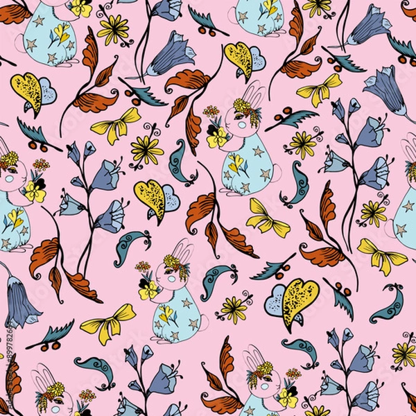 Fototapeta Bunny and rabbits in the meadow. Seamless spring pattern.
