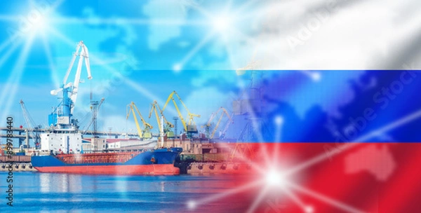 Fototapeta Seaport in Russia. Cargo harbor for unloading ships. Shipping company seaport. Harbor on ocean. Flag Russia. Port in Russian federation. Seaport for cargo logistics. Import goods from Russia by ship