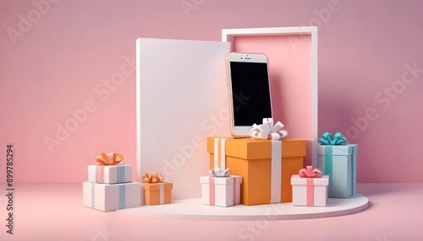 Fototapeta 3D Illustration. Smartphone with white blank screen and carboard box with gifts. Shipping service. Shopping online and e-commerce concept.