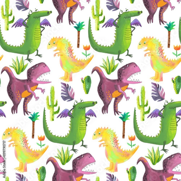 Fototapeta A pattern with cute dinosaurs, cacti.