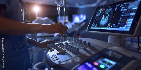 Obraz doctor working on a computer, Vaginal ultrasound of a 7-8 week pregnant woman showing fetal heartbeat. Early pregnancy gynecological examination, GENERATIVE AI
