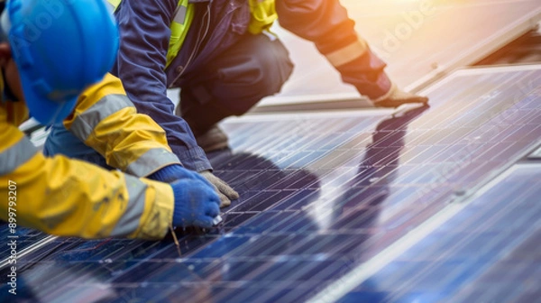 Fototapeta Renewable energy technicians installing solar panels on a rooftop