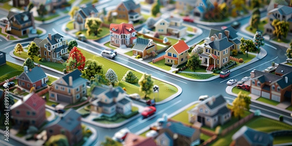 Fototapeta City Planner Coordinating Urban Expansion 3D Business Illustration Ensuring Sustainable Growth, Aerial view of a small town surrounded by trees Suitable for various cityscape and nature concepts, AI
