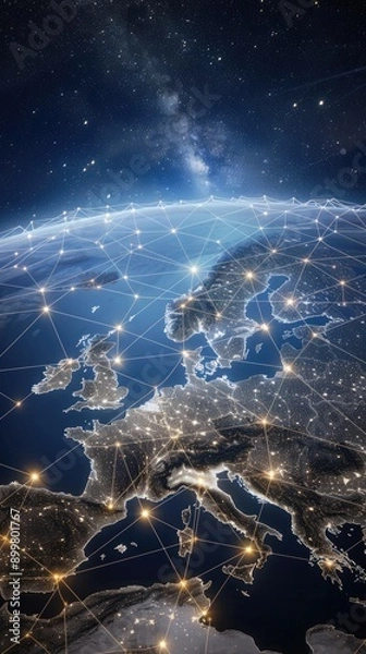 Obraz The map displays Europe illuminated at night, highlighting major cities and a network of connections across the continent