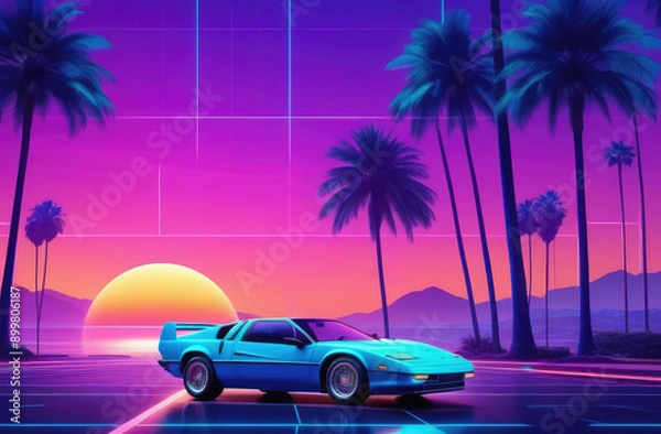 Fototapeta Sunset landscape with retro 80s sport car. 3D virtual reality view capturing vintage 1980s vibes