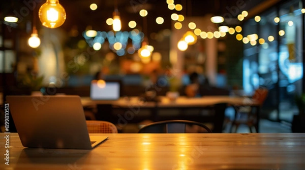 Obraz Laptop on wooden table in a cozy cafe with warm lights. ..