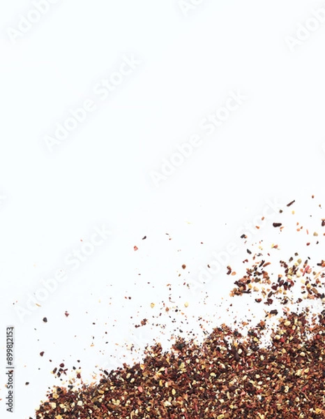 Fototapeta Fruit tea on a white background. Top view of tea made from apple, cinnamon, lemon zest, hibiscus flowers, licorice root and cloves