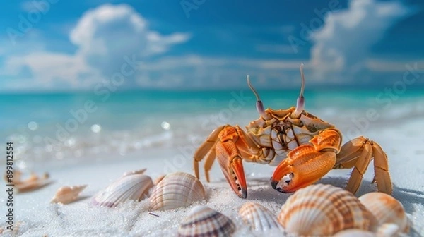 Obraz Hermit crabs and seashells on the white sand beach The background is the sea and sky.