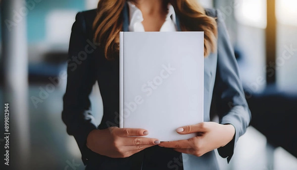 Obraz Young woman holds in hand the magazine model the A4 format with a blank white cover as a mock-up.