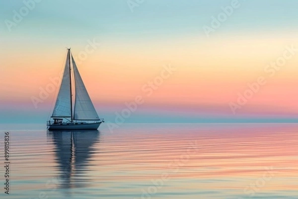 Fototapeta A sailboat gracefully sails through the vast ocean as the sun sets, creating a mesmerizing scene, Lone sailboat drifting in calm ocean at dawn, AI Generated