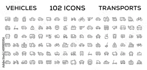 Fototapeta Travel and Transport line icon set. Containing car, bike, plane, train, bicycle, motorbike, bus and scooter icons. Transportation Simple line icon collections