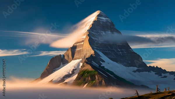 Fototapeta A dramatic, towering mountain peak reaching for the clouds