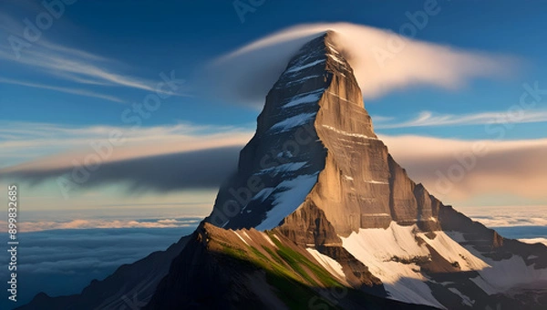 Fototapeta A dramatic, towering mountain peak reaching for the clouds