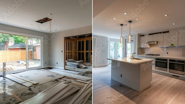 Fototapeta Before and after of modern kitchen apartment room in renovated house dramatic transformation sleek and updated design stylish and contemporary new features and improvements clear and engaging