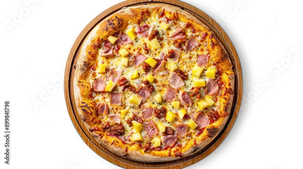 Fototapeta Top view of full Hawaiian pizza floating in the air isolated on white background delicious and savory toppings crispy and golden crust vibrant and mouth-watering appearance appetizing and inviting