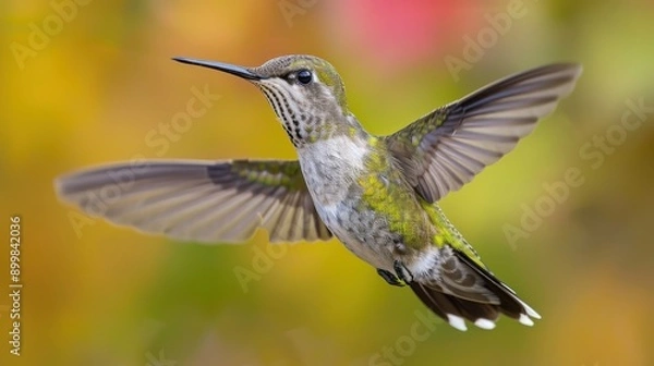 Fototapeta A hummingbird is flying in the air with its wings spread wide
