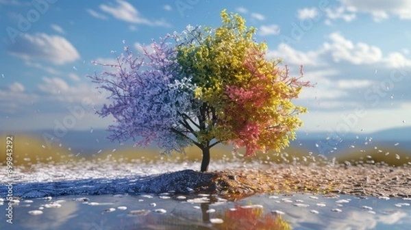 Obraz A captivating artistic representation of a tree showing all four seasons simultaneously. The vibrant colors of spring, summer, fall, and winter blend harmoniously, creating a visually stunning and