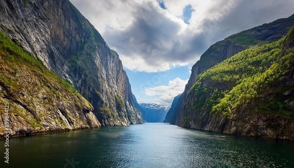 Obraz Un fiordo estrecho y profundo con acantilados rocosos