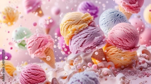 Fototapeta colorful ice cream explosion with many different flavors of ice cream flying in the air