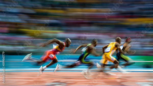 Obraz Athletes competing in a 100-meter sprint race at the Olympics, captured mid-action