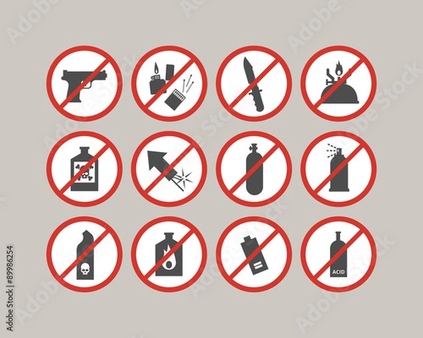 Obraz Prohibited luggage items. Airport restrictions. Dangerous stuff for airplane. Vector icons collection.