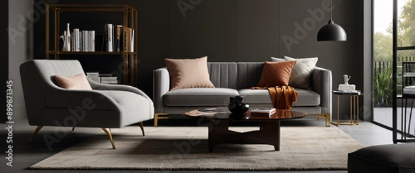 Fototapeta Luxurious modern living room interior with plush sofa, stylish decor, and ample natural light