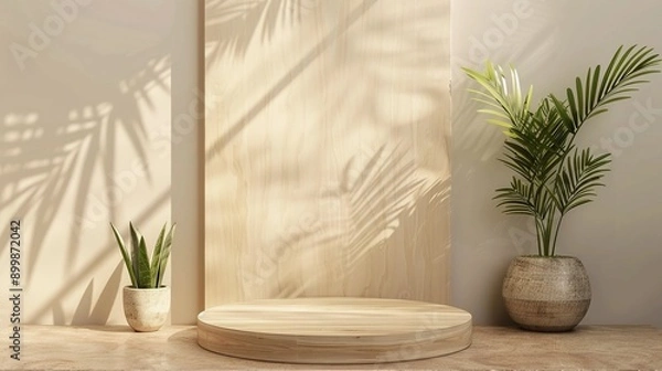 Obraz Elegant Product Staging: Beautiful Wooden Podium with Plant Decor for Professional Advertising
