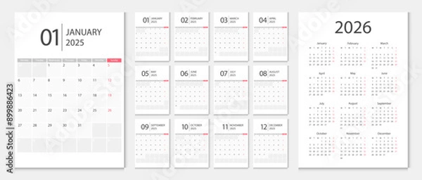 Fototapeta Calendar 2025, calendar 2026 week start Sunday corporate design template vector. Desk calendar 2025.
