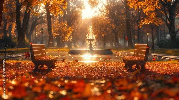 Fototapeta Fountain in park with vibrant foliage.