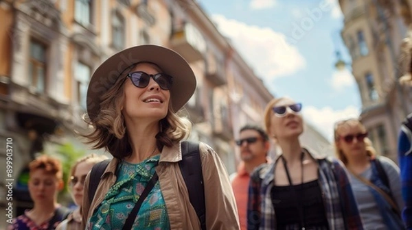 Fototapeta A tour guide leads a group of tourists on a sunny day. Red flag tour guide. Student group. Ankara, Turkey - May 6, 2023