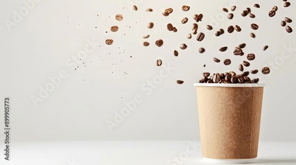 Fototapeta Aromatic coffee in takeaway paper cup in air on white background 