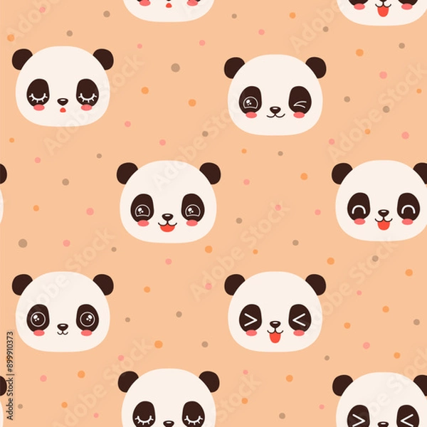 Fototapeta Cute panda seamless pattern. Animal head kawaii face panda bear repeat design for kids textile, paper print. Trendy color peach fuzz background.