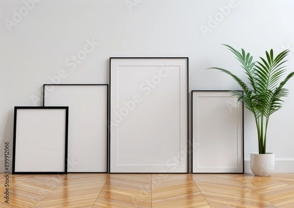 Fototapeta 3 empty picture frames of different sizes on the floor leaning against each other, one black frame