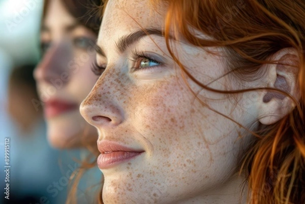 Obraz Close-up portrait of a young woman with freckles, looking to the side with a thoughtful expression. Her red hair is flowing in the breeze.